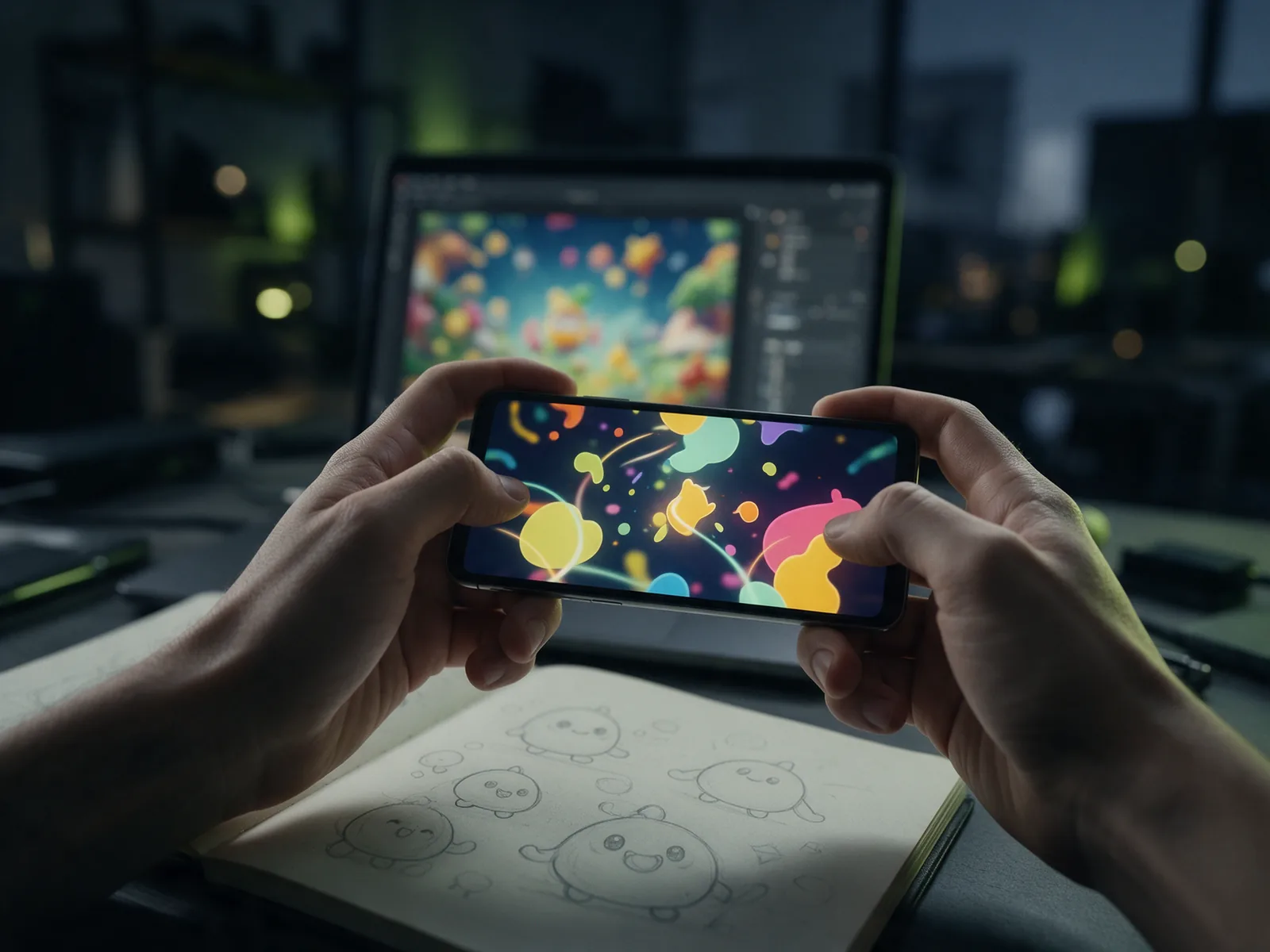Разработка мобильной игры на Unity: разработчик тестирует игру на смартфоне